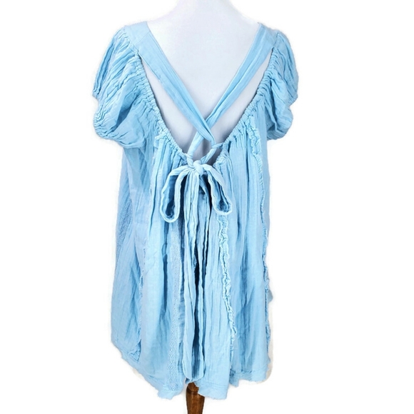 Free People Angele Gauzy Mini Dress Boho Summer Blue Oversized Puff Sleeve XS - Picture 5 of 15
